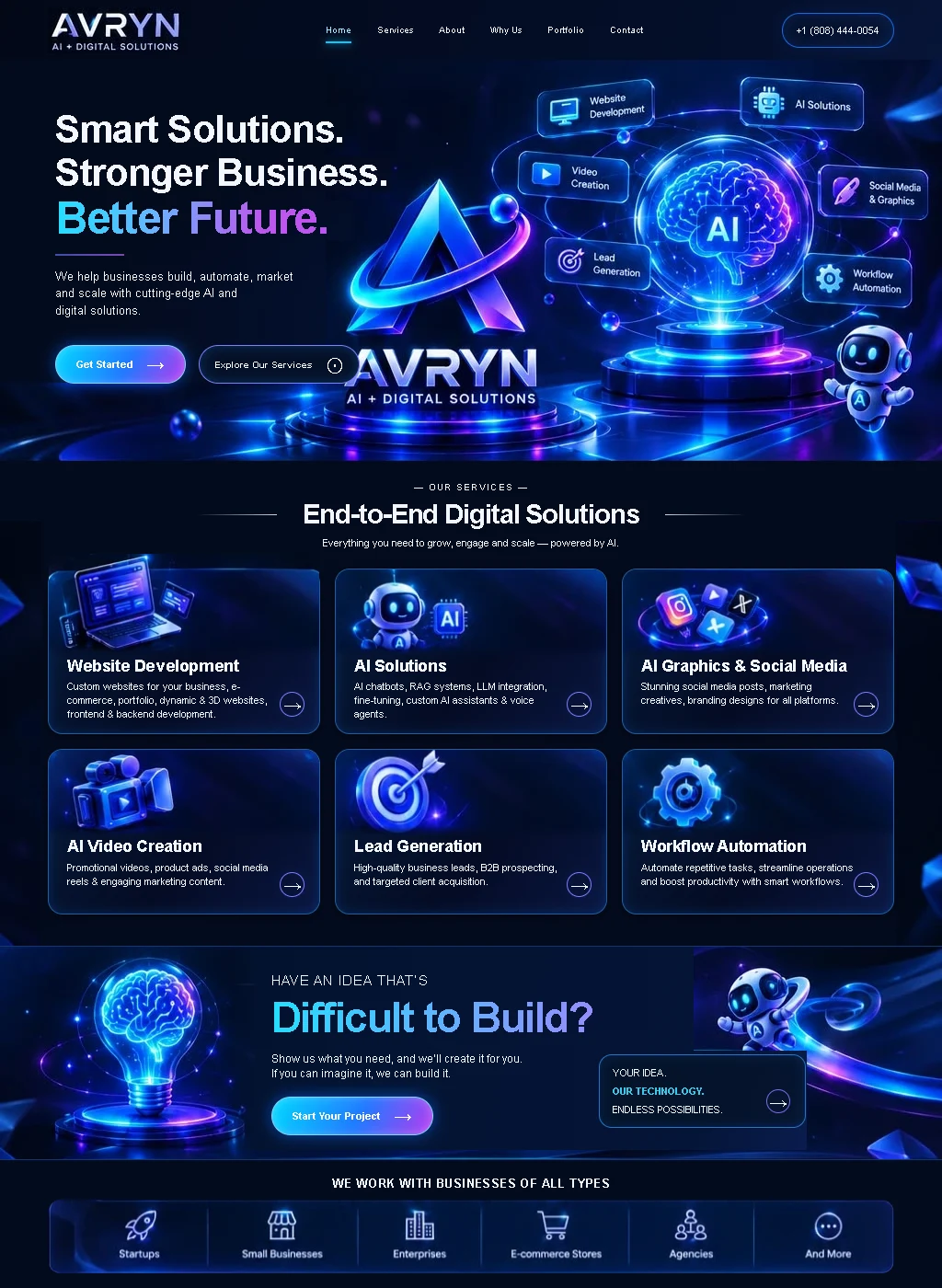 AVRYN website with neon illustrations, service cards and project banner