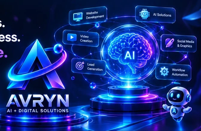 AVRYN’s 3D logo beside an illuminated AI brain, orbiting digital services and a friendly robot